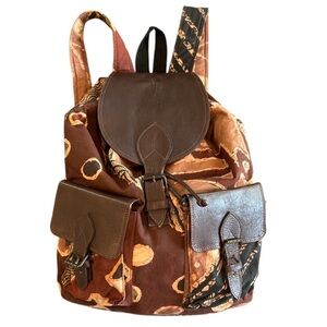 The Trading Company Brown Batik Print Cloth & Leather Backpack NWOT